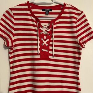 Chaps Red & White Lace-Up Striped Short Sleeve Mini Dress Small Patriotic USA